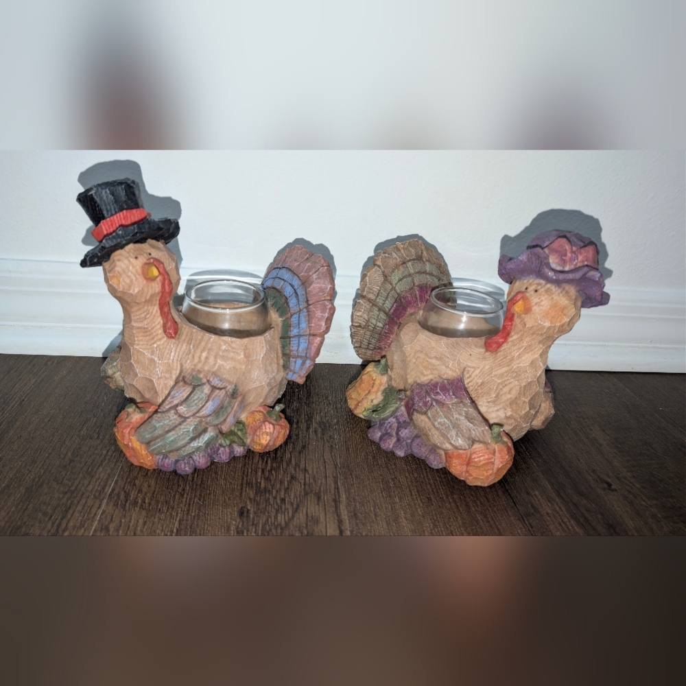 2 GANZ resin Turkeys Hen & Tom Candle Holders Vtg Thanksgiving